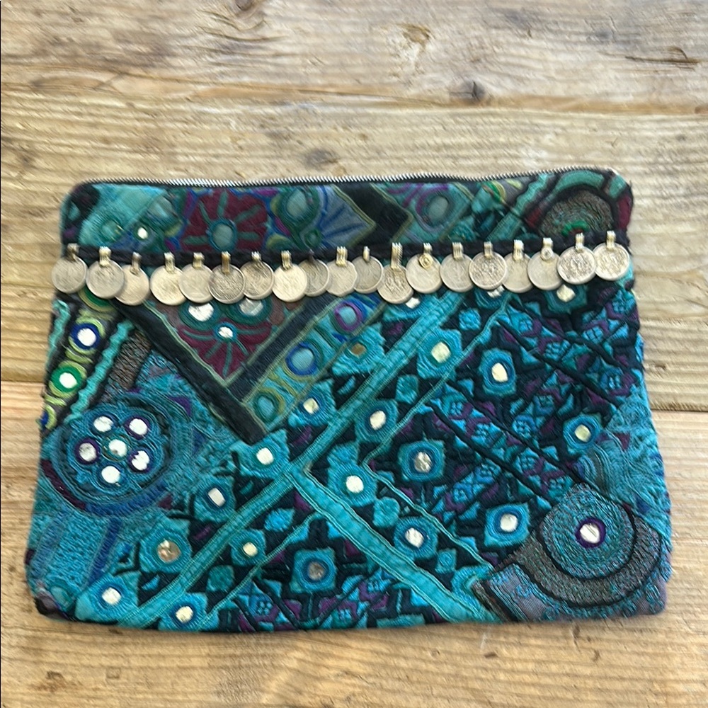 Simone Camille Turquoise Embroidered Coin Zip Bag / Clutch by Simone Harouche
